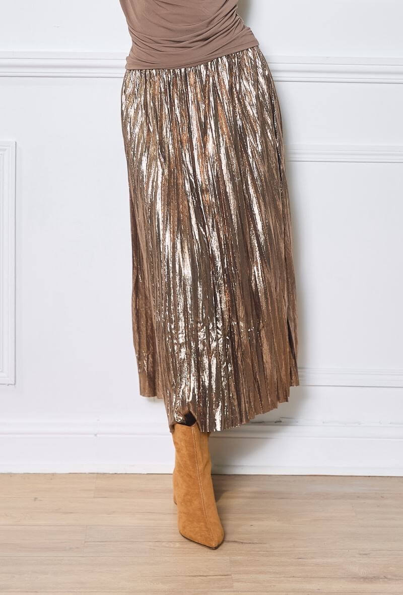 Maxi jupe femme en tissu lamé bronze taille unique - Tania