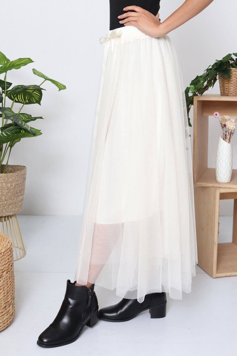 Jupe longue tulle blanche femme taille élastique - Marjorie