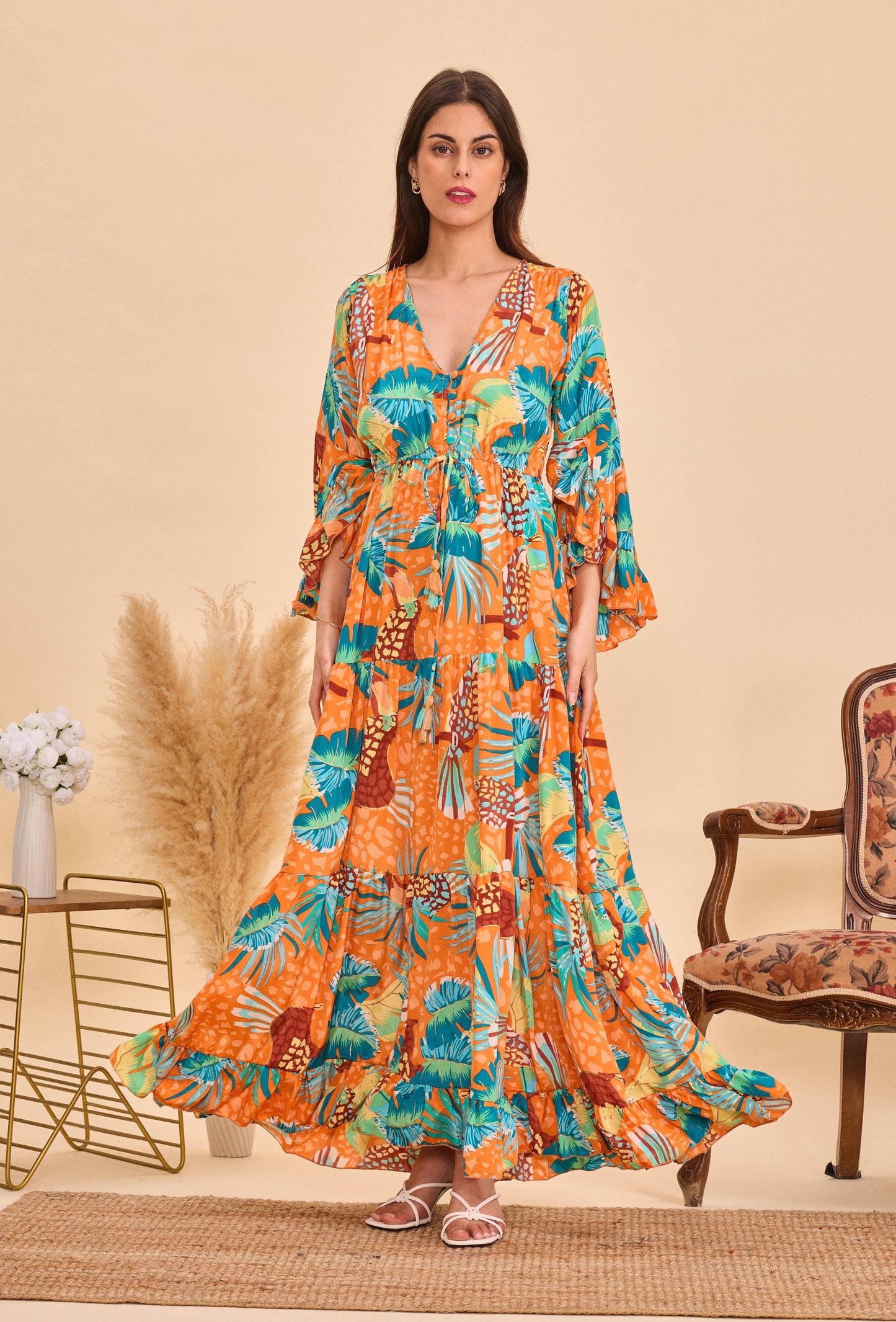 Longue robe en soie print tropical orange- Orice Paris
