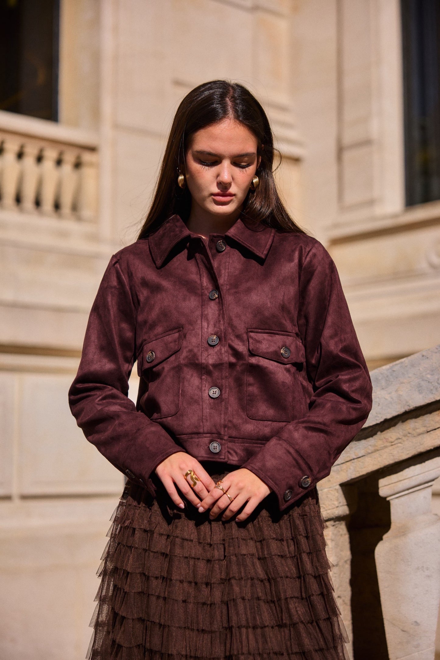 Veste en daim marron classique femme chic automne hiver - Bella