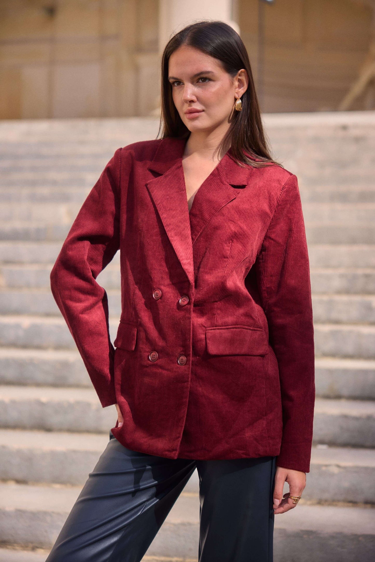 Blazer femme en velours côtelé bordeaux oversize - Félicia
