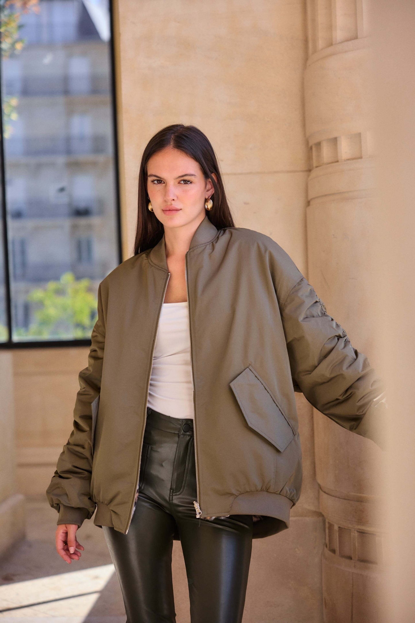 Bomber réversible kaki fausse fourrure léopard - Veste automne/hiver - Léane