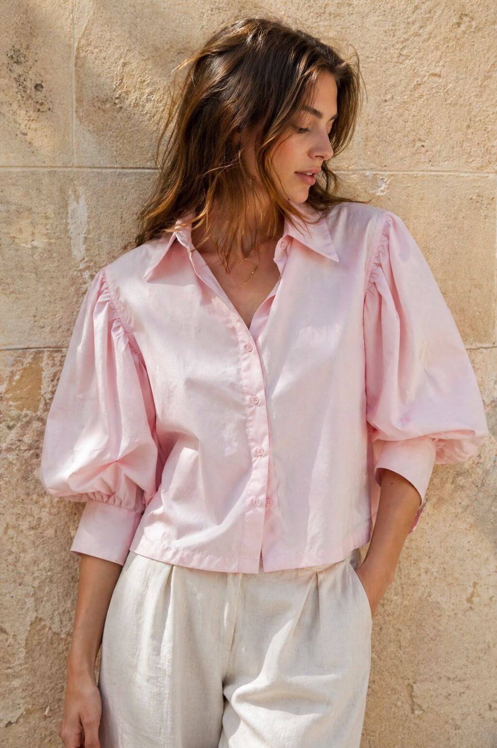 Chemise à manches courte bouffante rose