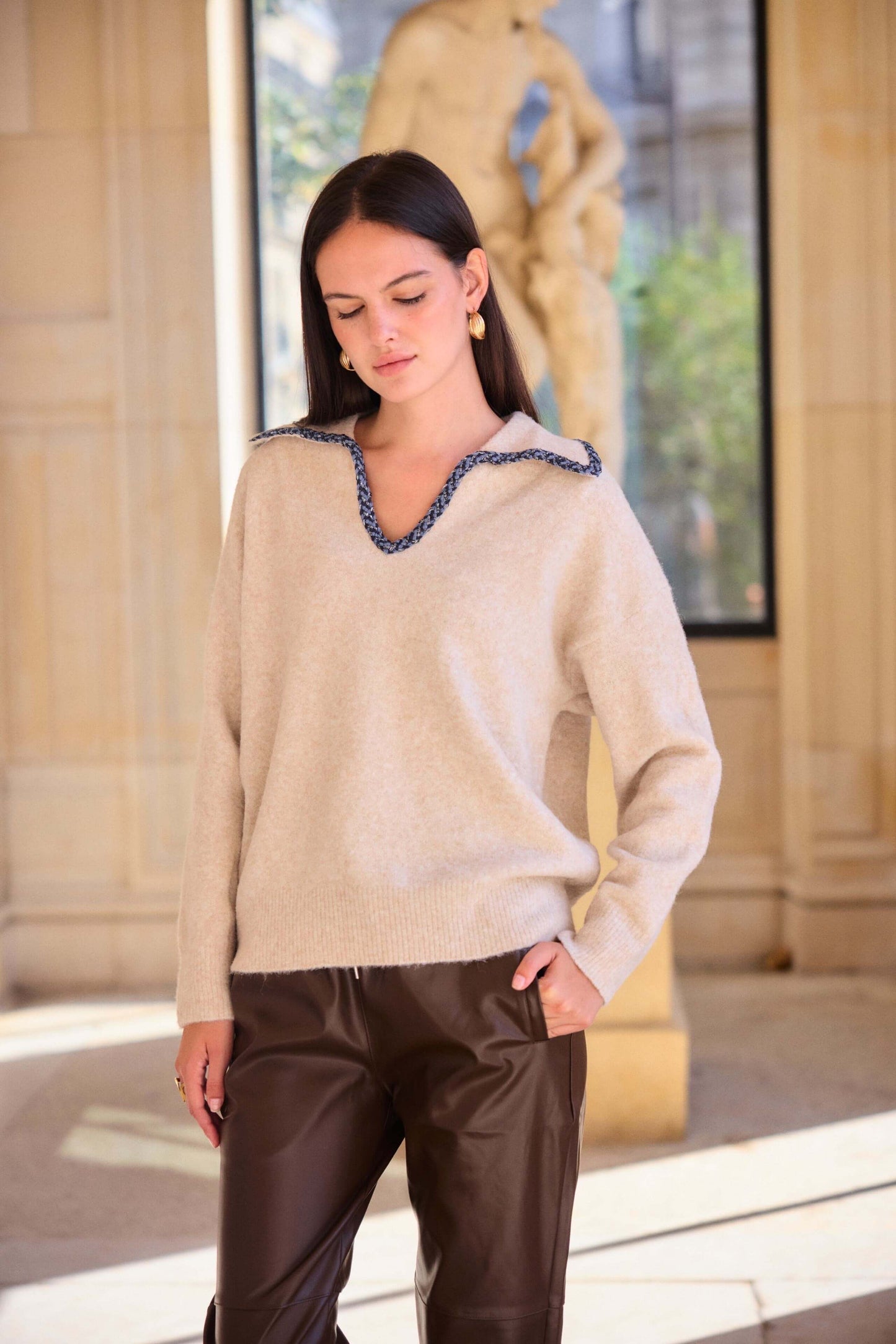 Pull laine avec col brodé détail jean chic taupe - Orlane