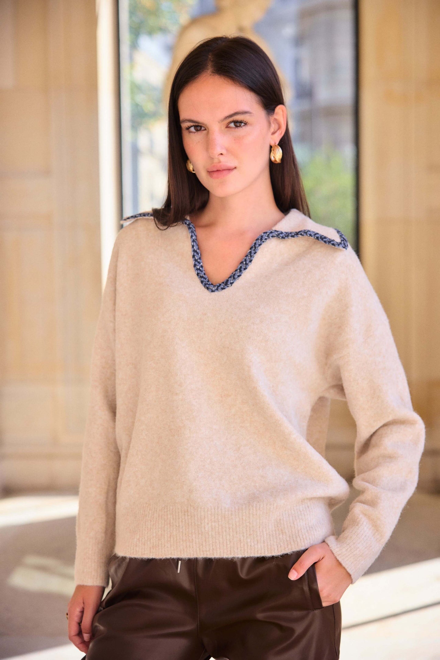 Pull laine avec col brodé détail jean chic taupe - Orlane