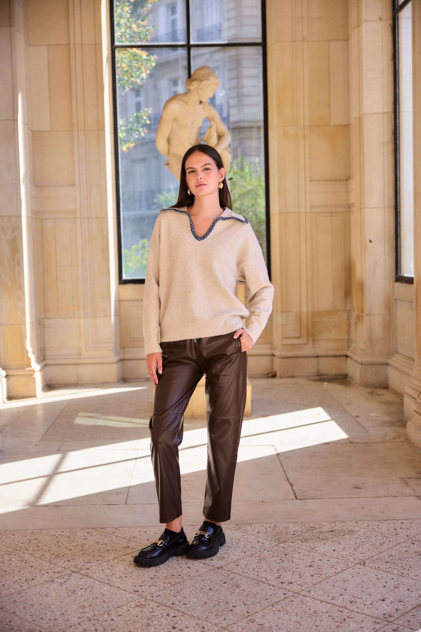 Pull laine avec col brodé détail jean chic taupe - Orlane