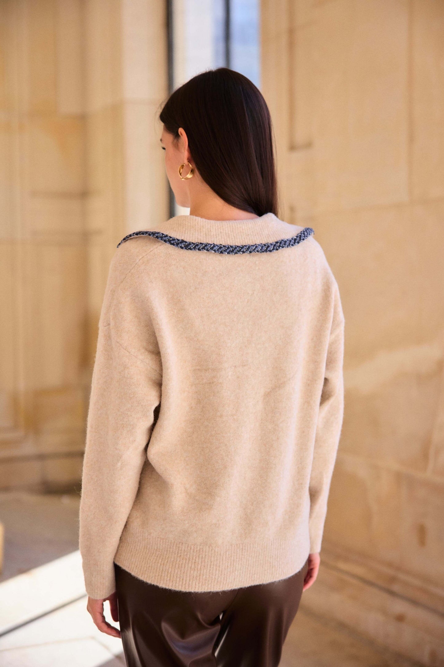 Pull laine avec col brodé détail jean chic taupe - Orlane