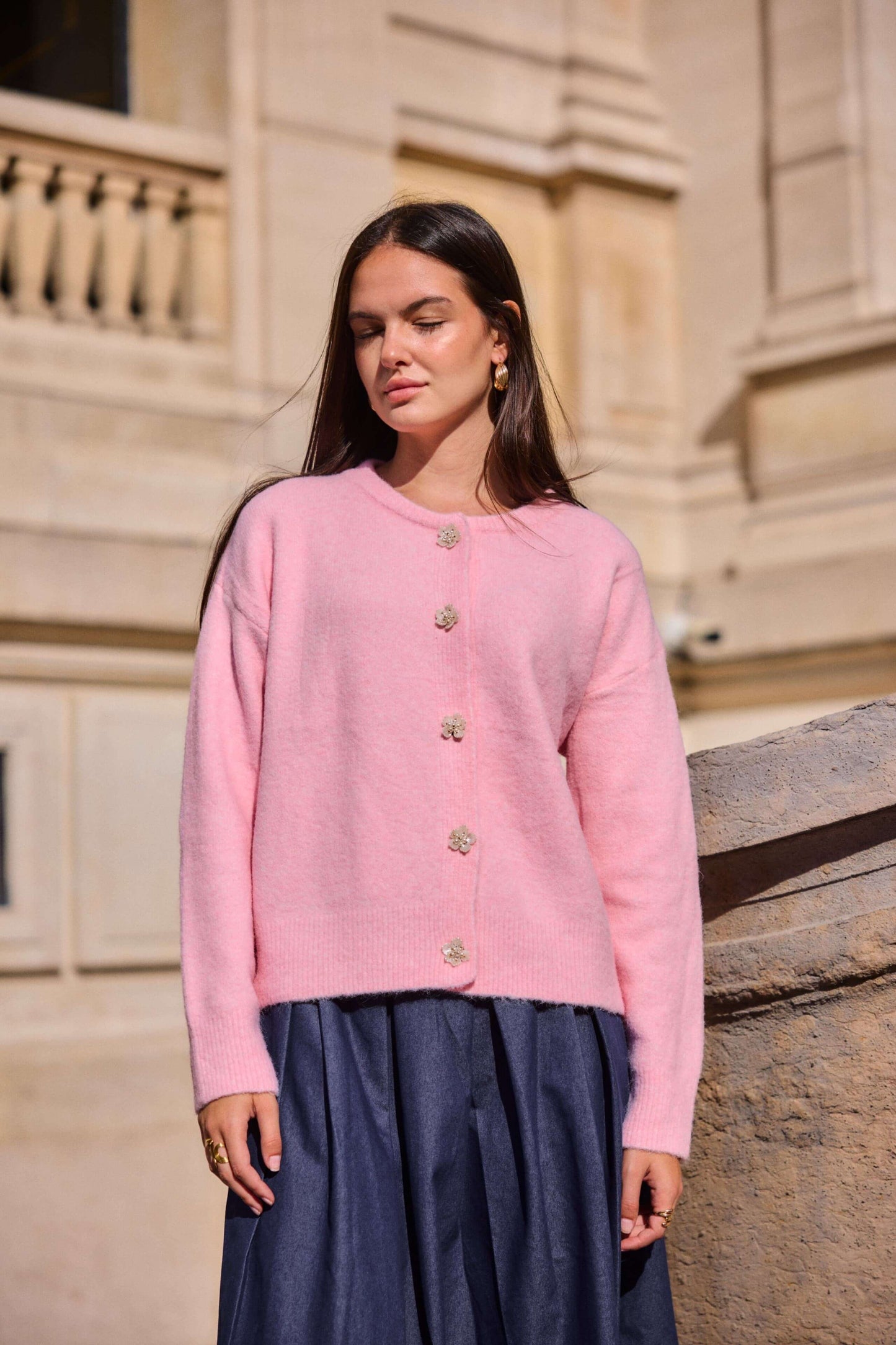 Cardigan femme laine col rond rose pastel- Christina
