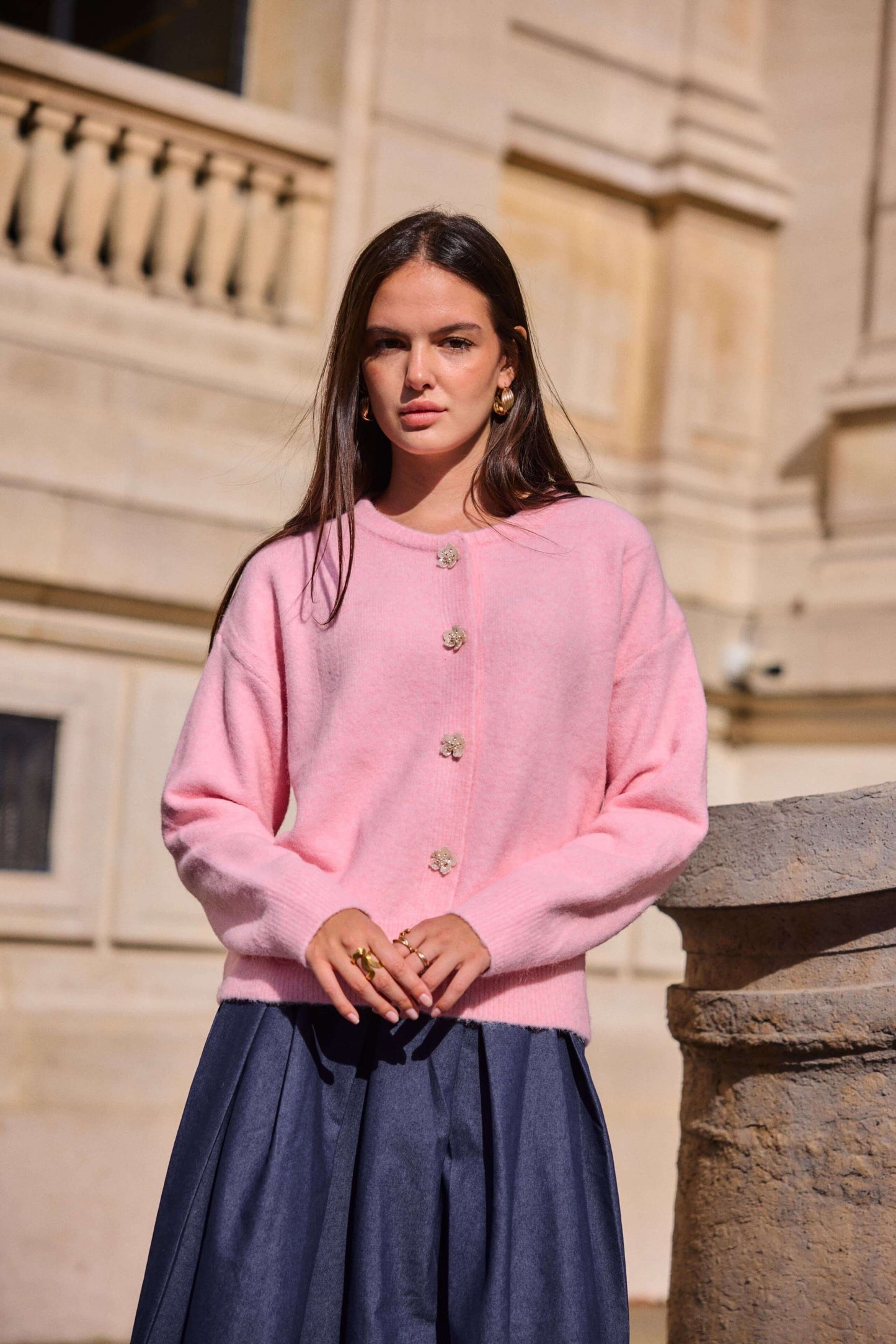Cardigan femme laine col rond rose pastel- Christina