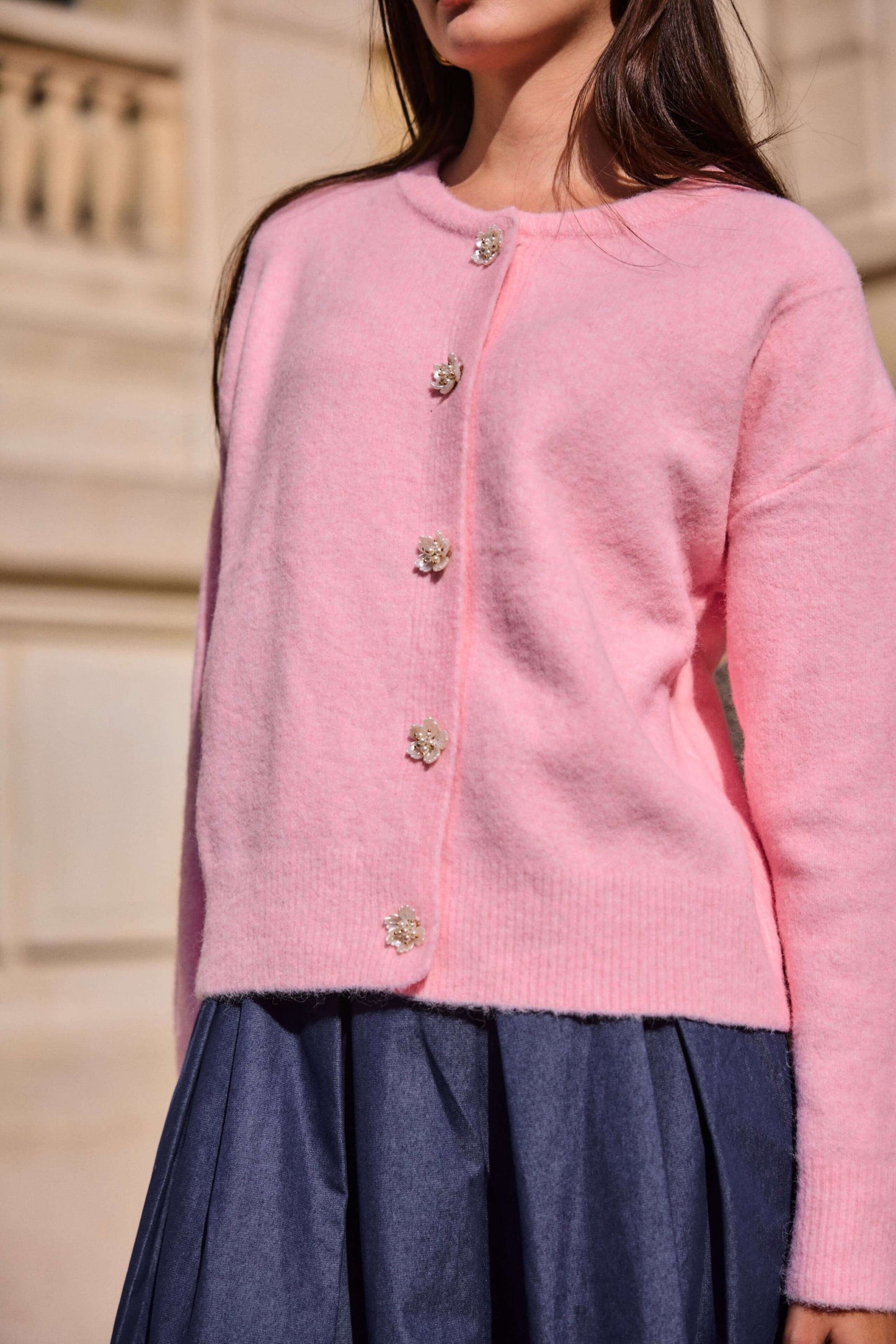 Cardigan femme laine col rond rose pastel- Christina