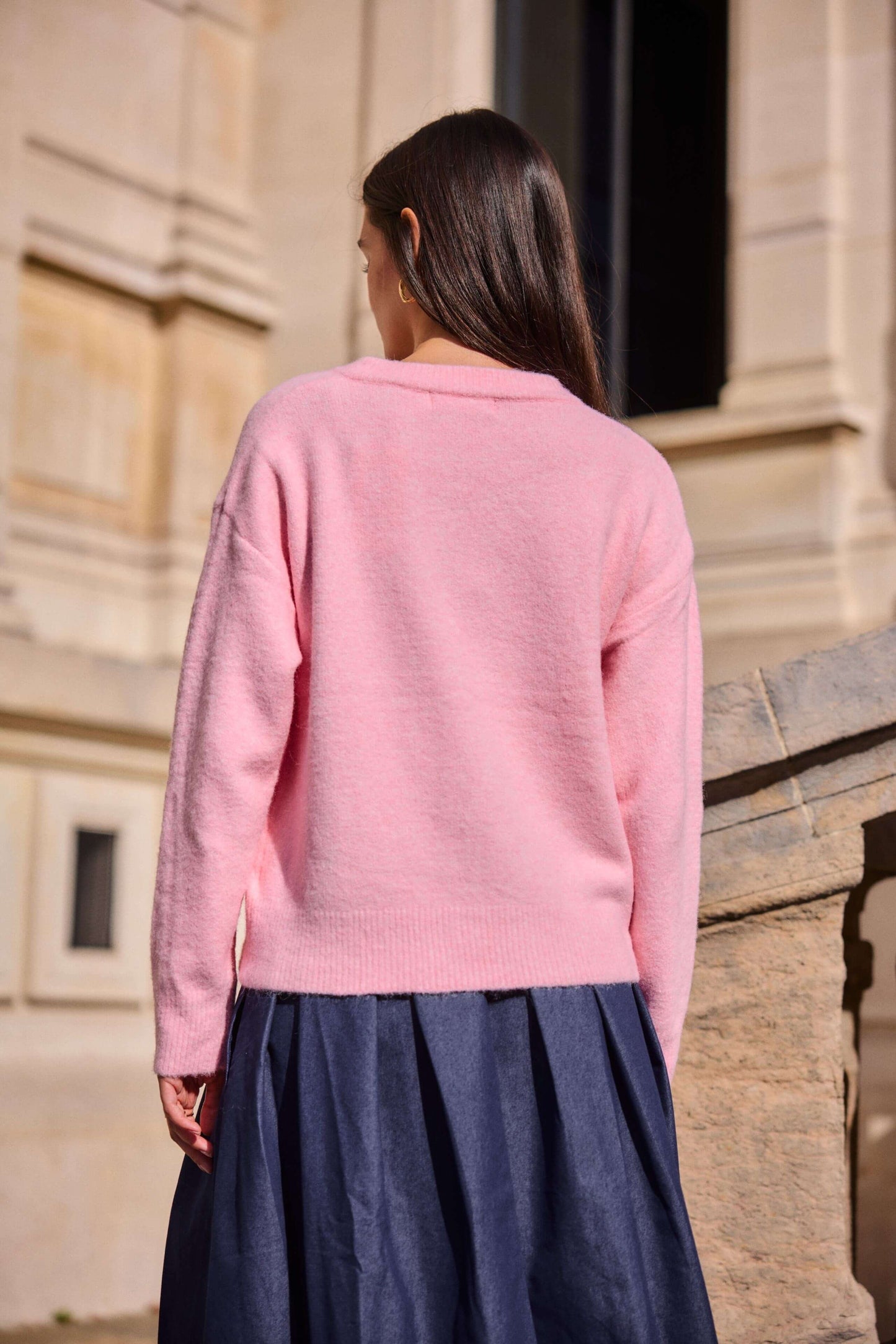 Cardigan femme laine col rond rose pastel- Christina