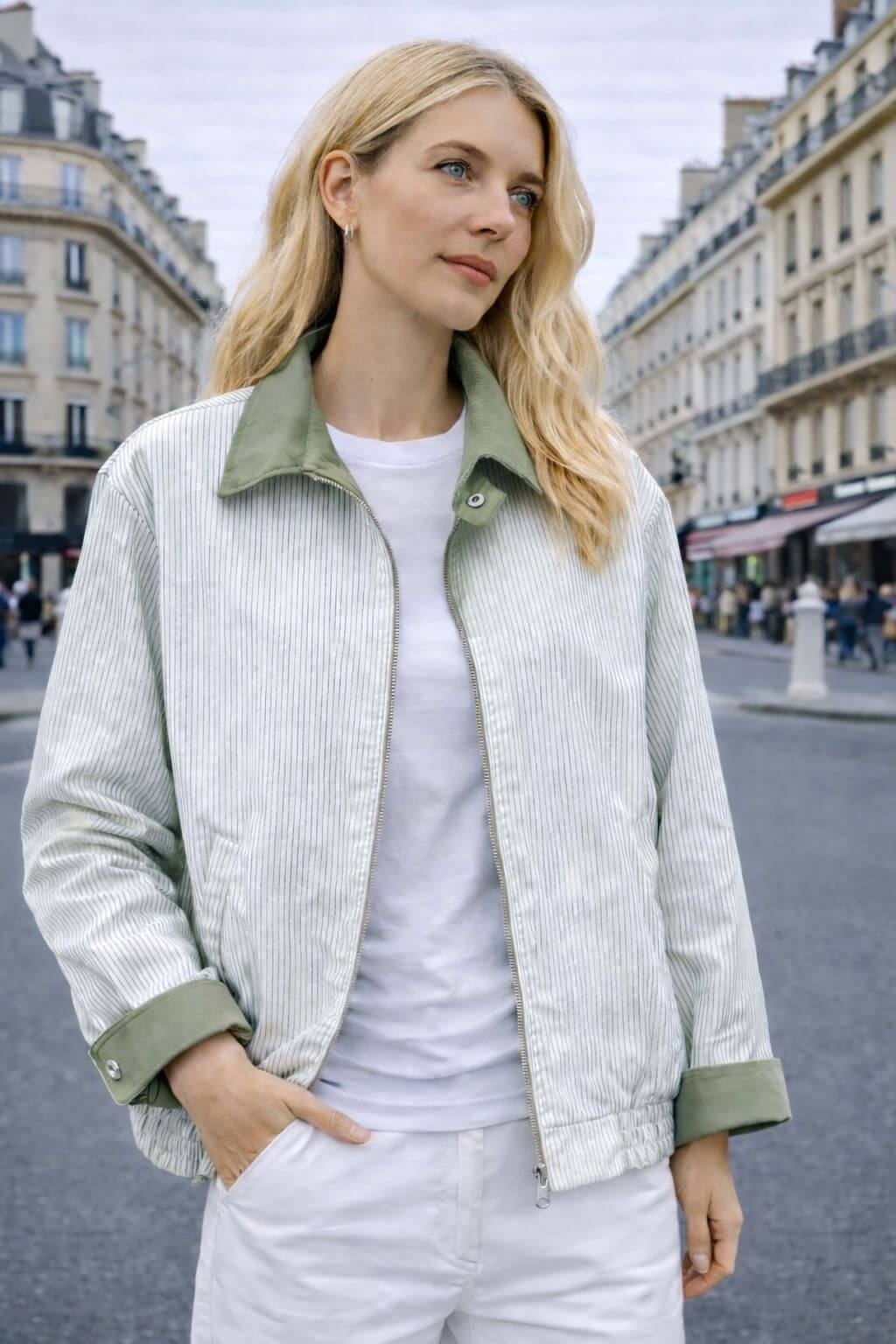 Veste courte vert matcha mi-saison réversible - Veste en coton réversible pour femme