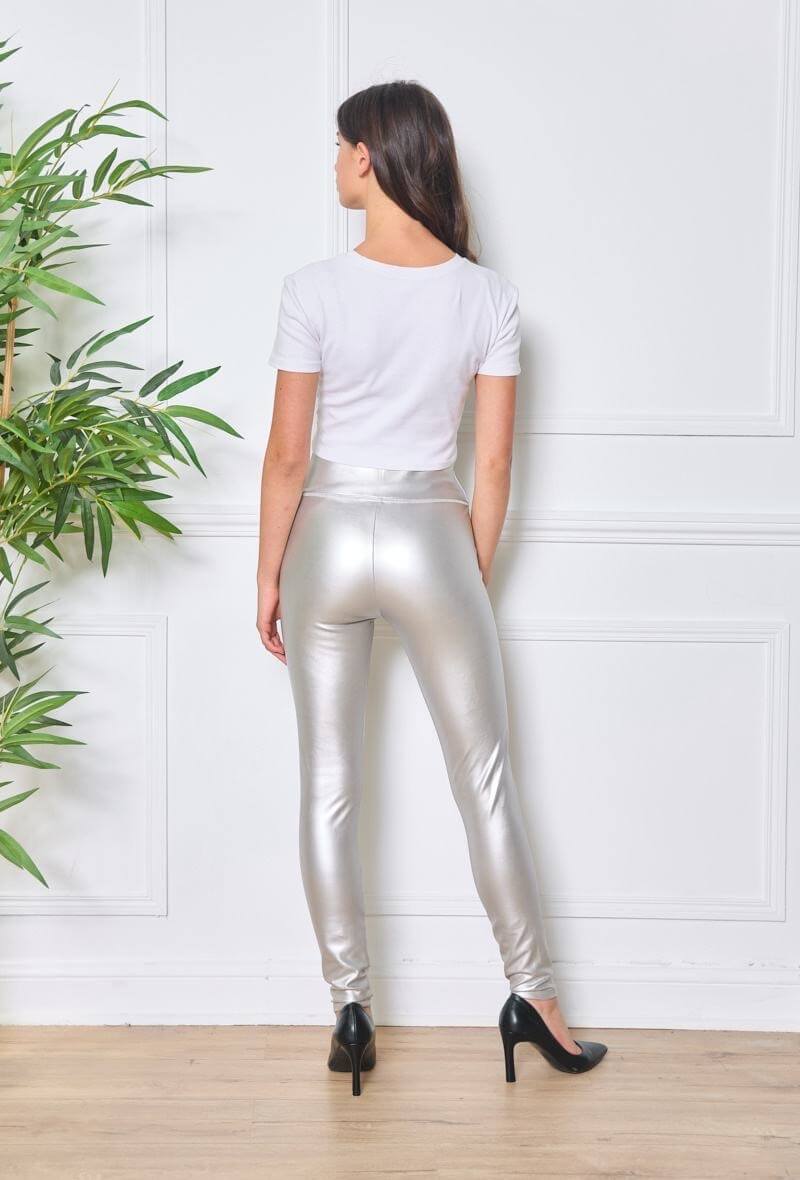 Legging femme taille haute en similicuir argent - Cholé