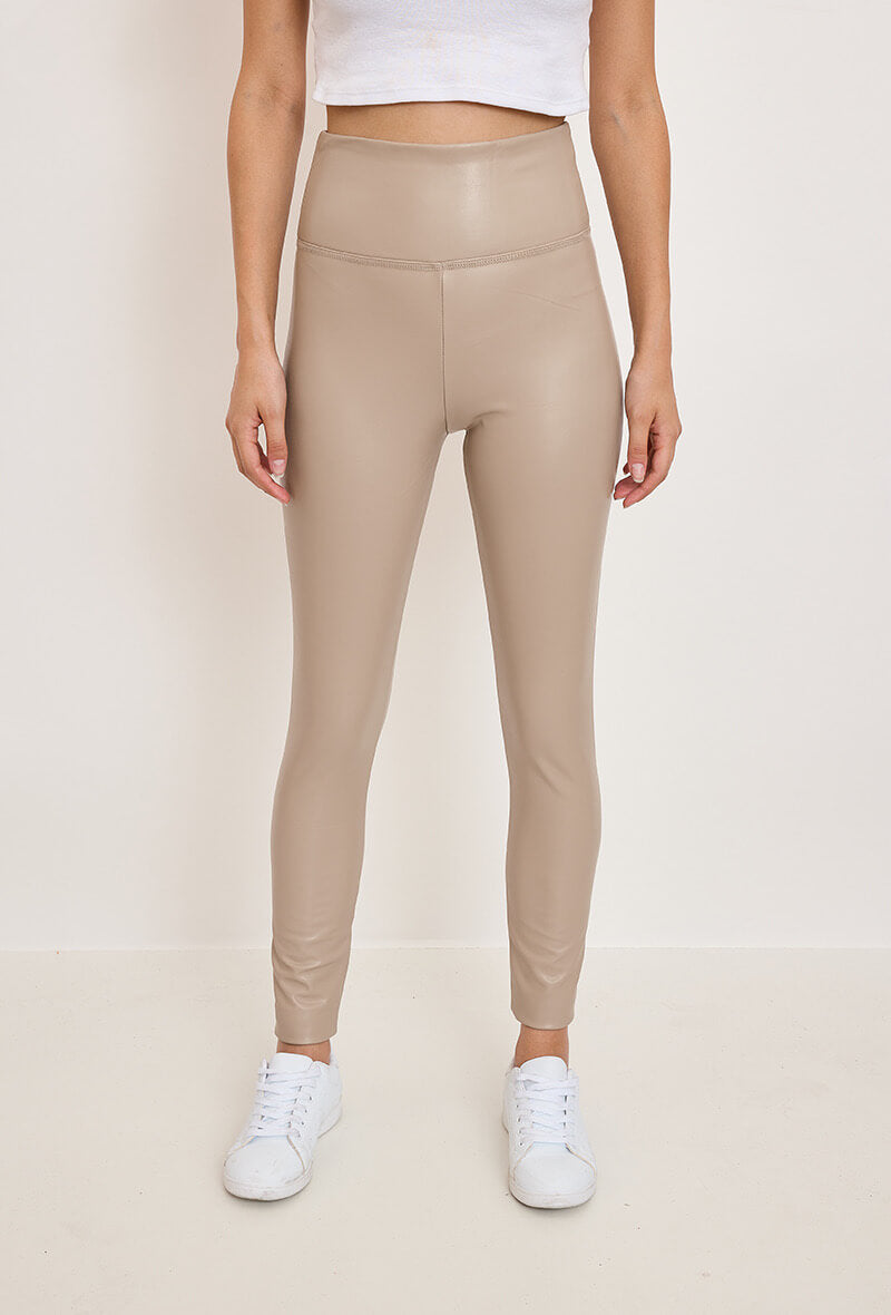 Legging femme en similicuir beige taille haute - Pauline