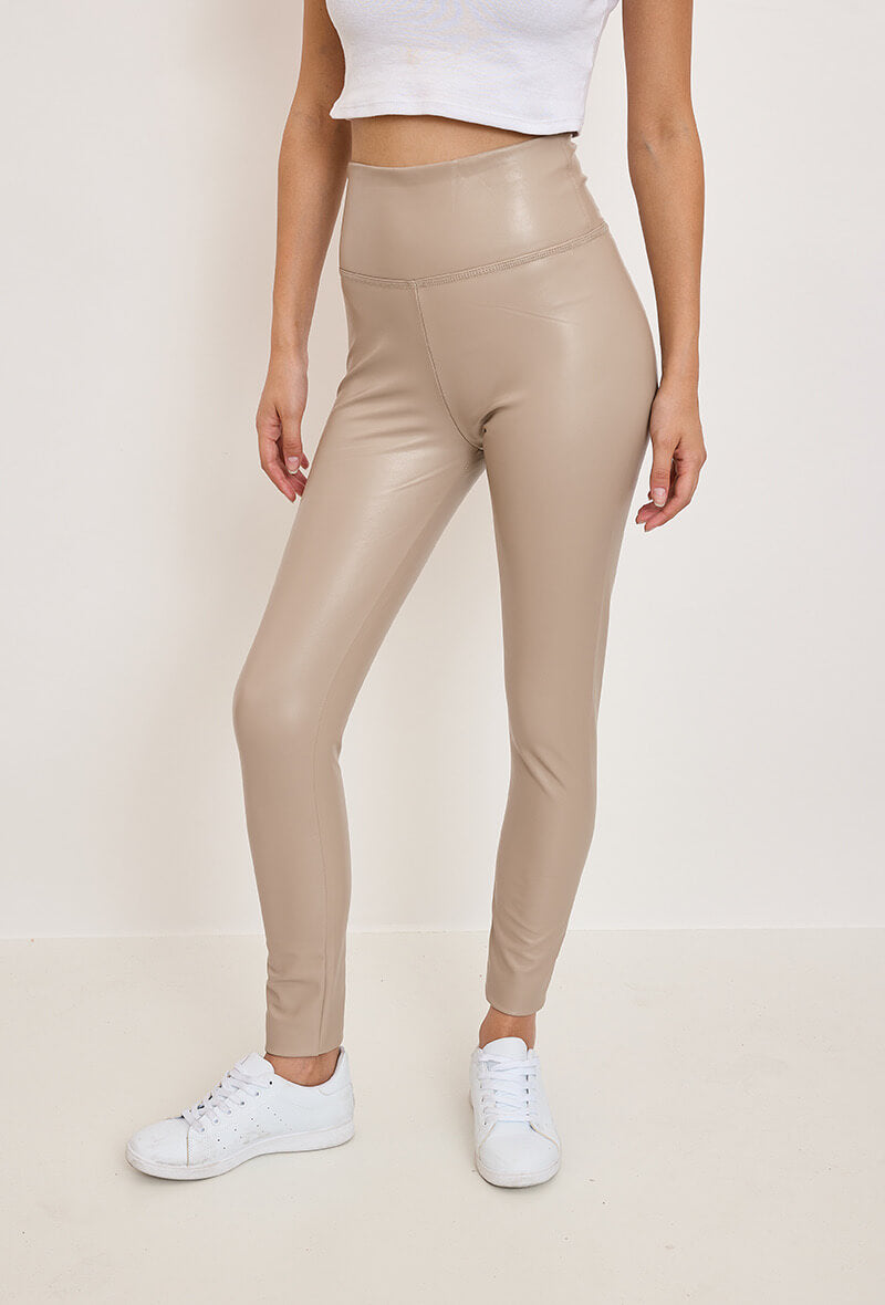 Legging femme en similicuir beige taille haute - Pauline