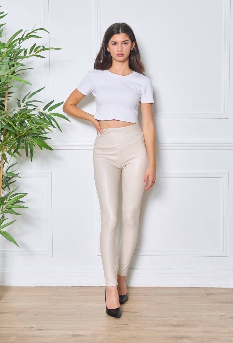 Legging femme taille haute en similicuir beige - Elodie