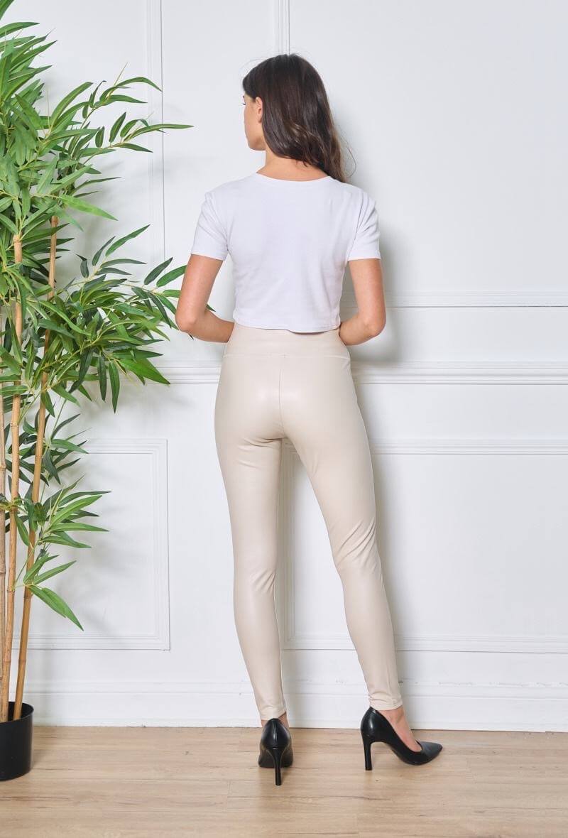 Legging femme taille haute en similicuir beige - Elodie