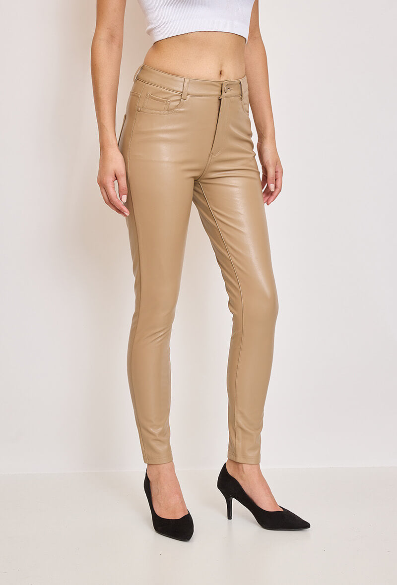 Pantalon similicuir beige avec poches coupe skiny - Noah