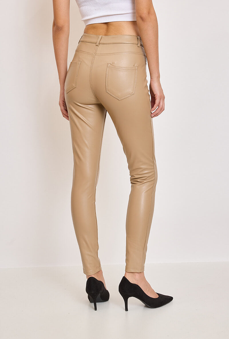 Pantalon similicuir beige avec poches coupe skiny - Noah