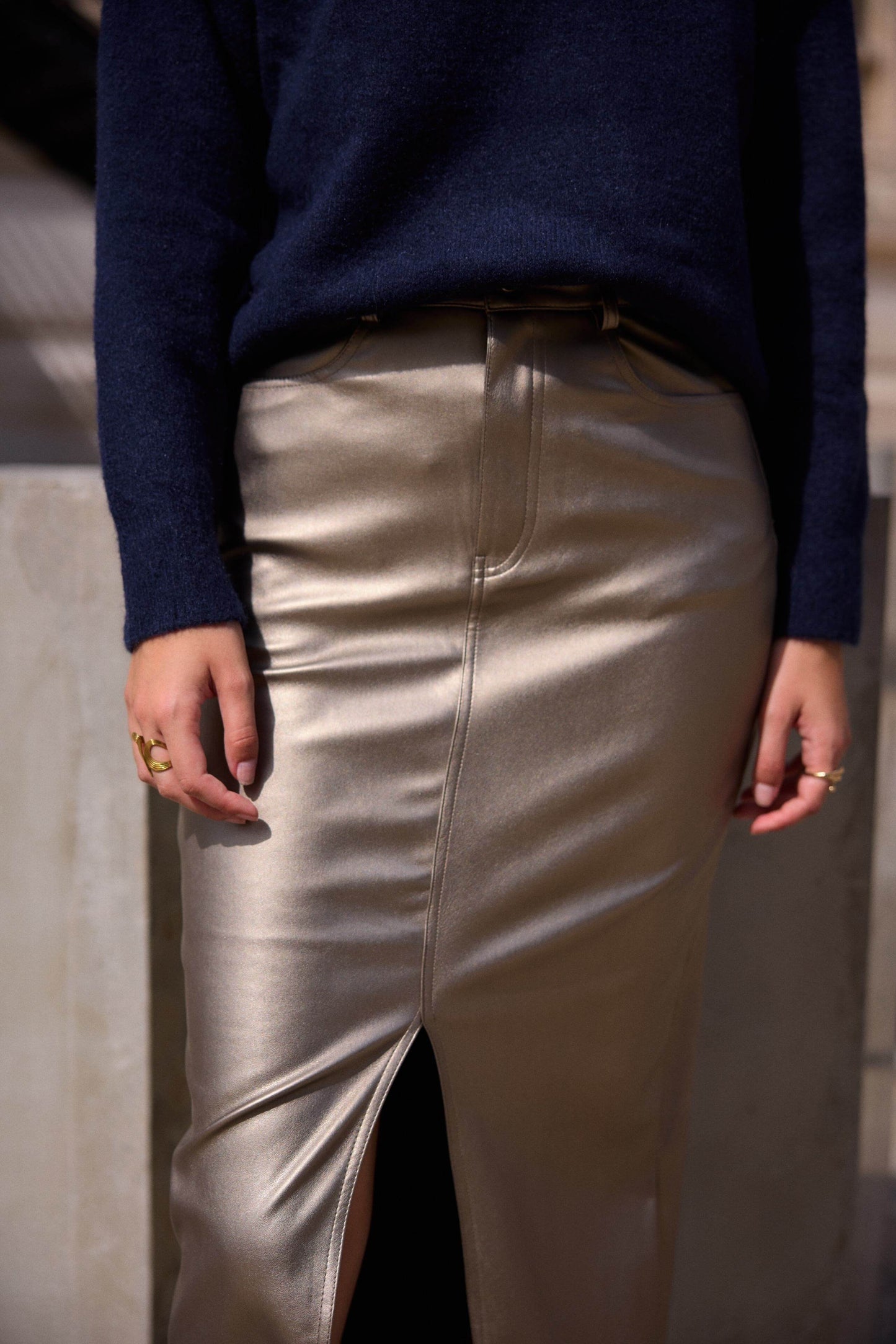 Jupe crayon longue en similicuir bronze - Delphine