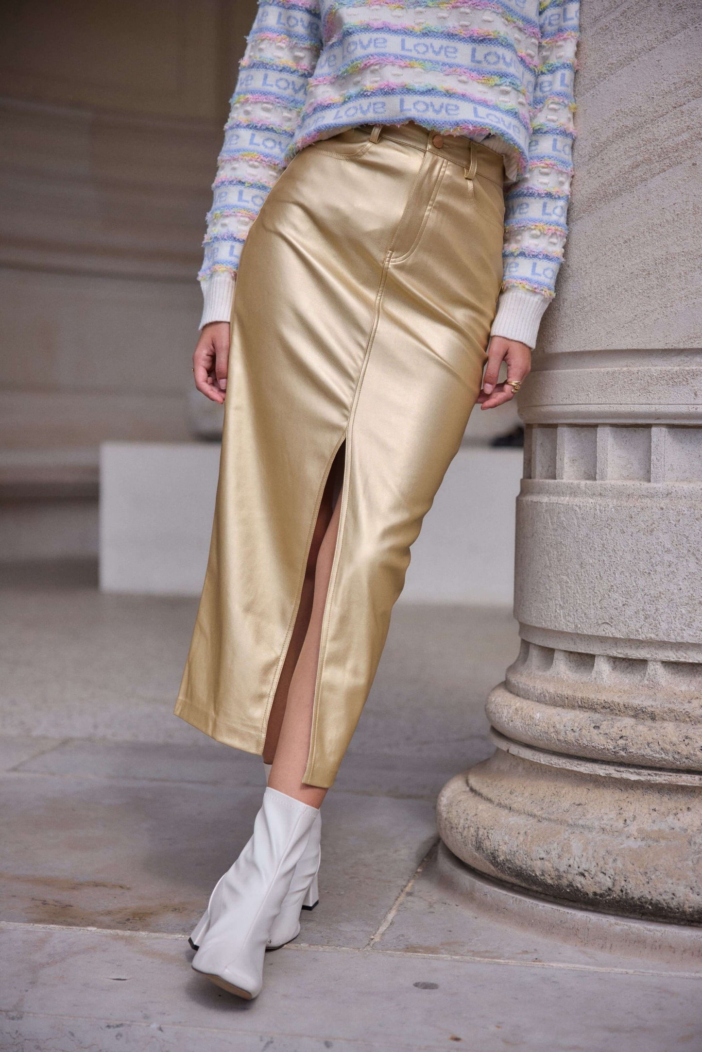 Jupe crayon gold longue femme en similicuir à fente devant - Jasmine