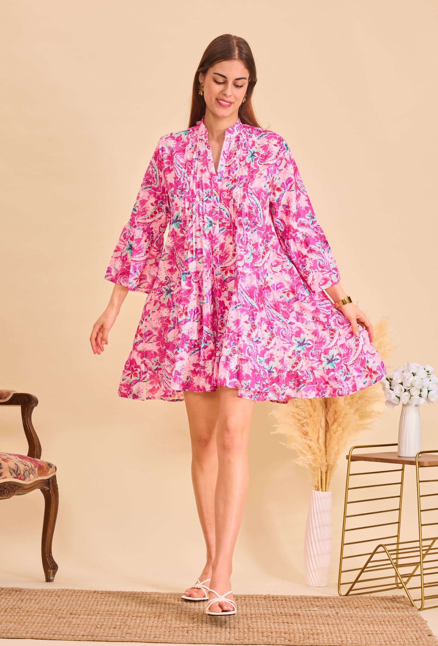 Robe courte en coton style bohème fuchsia - Orice Paris