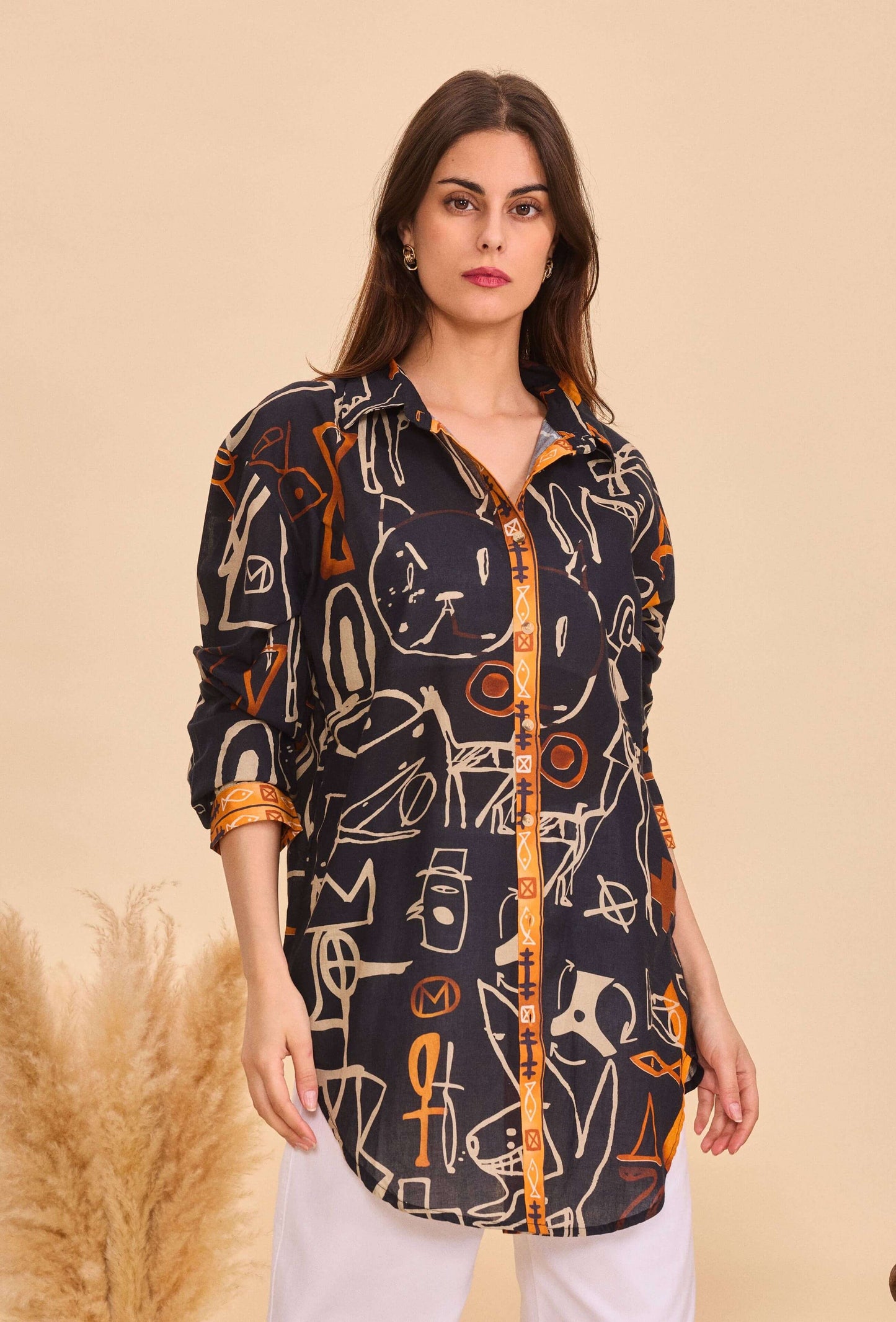 Longue chemise noir en coton imprimé - Orice Paris