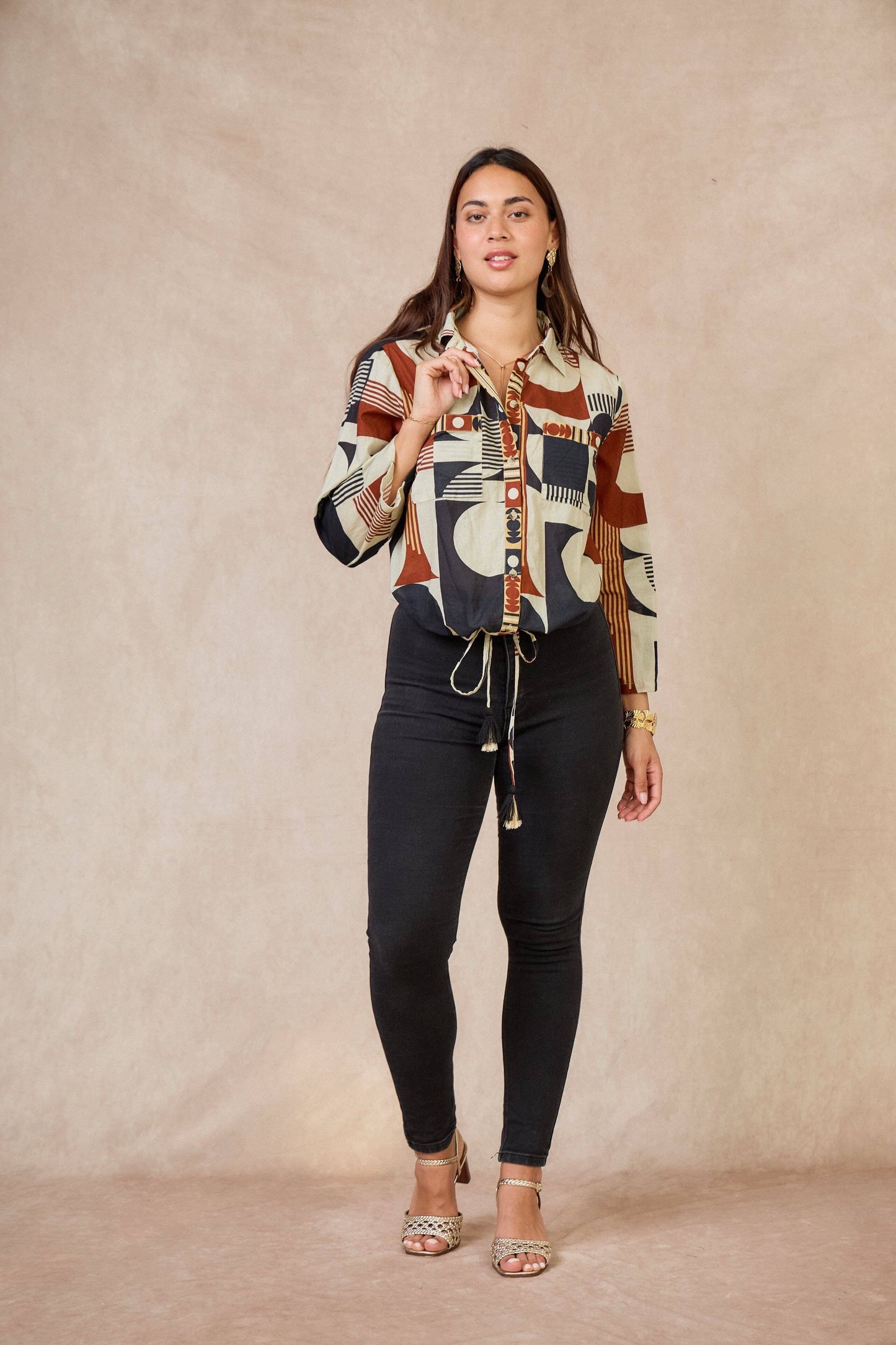 Chemise courte batik maron coton - Orice Paris