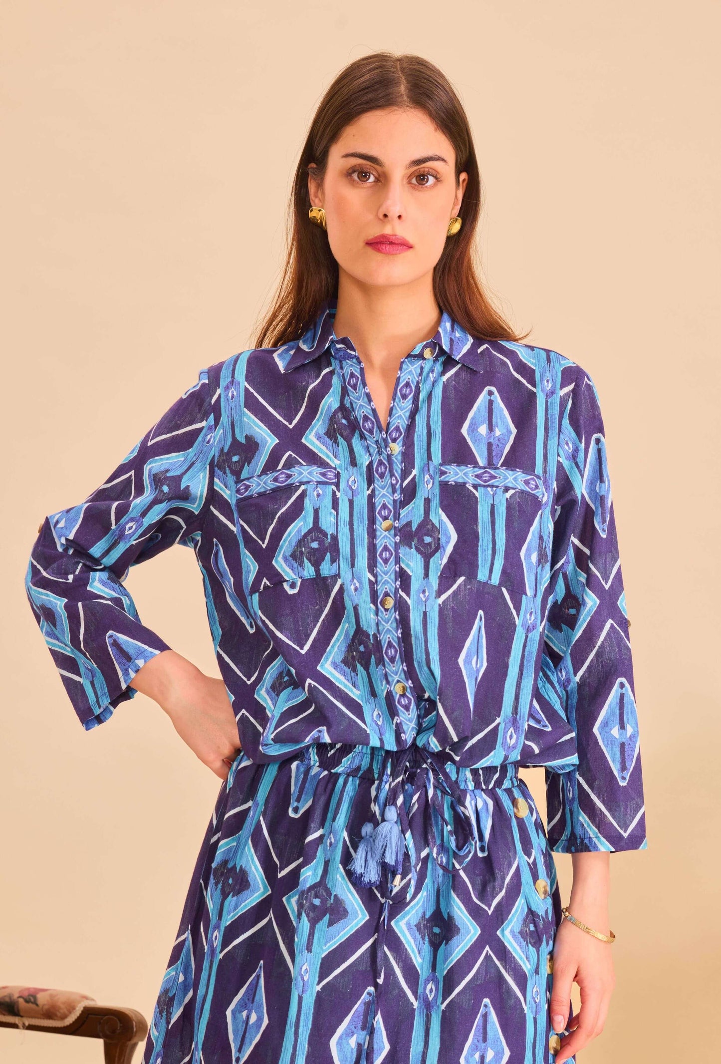 Chemise courte batik bleu coton - Orice Paris