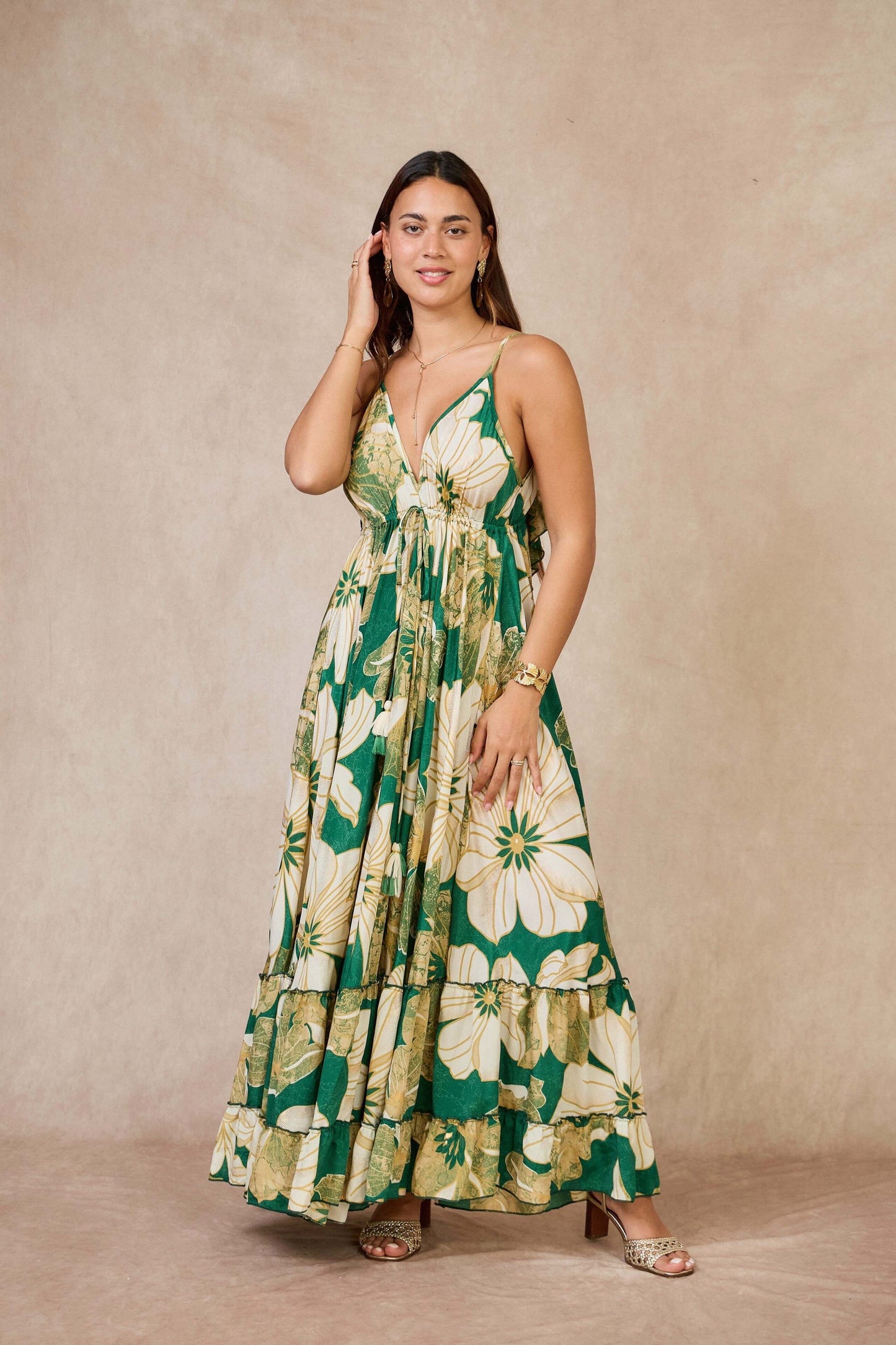 Robe longue bohème vert en soie - Orice Paris