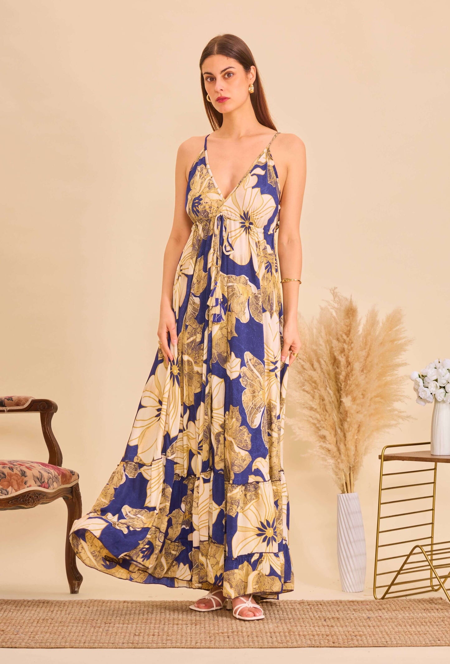 Robe longue bohème en soie bleu marine - Orice Paris