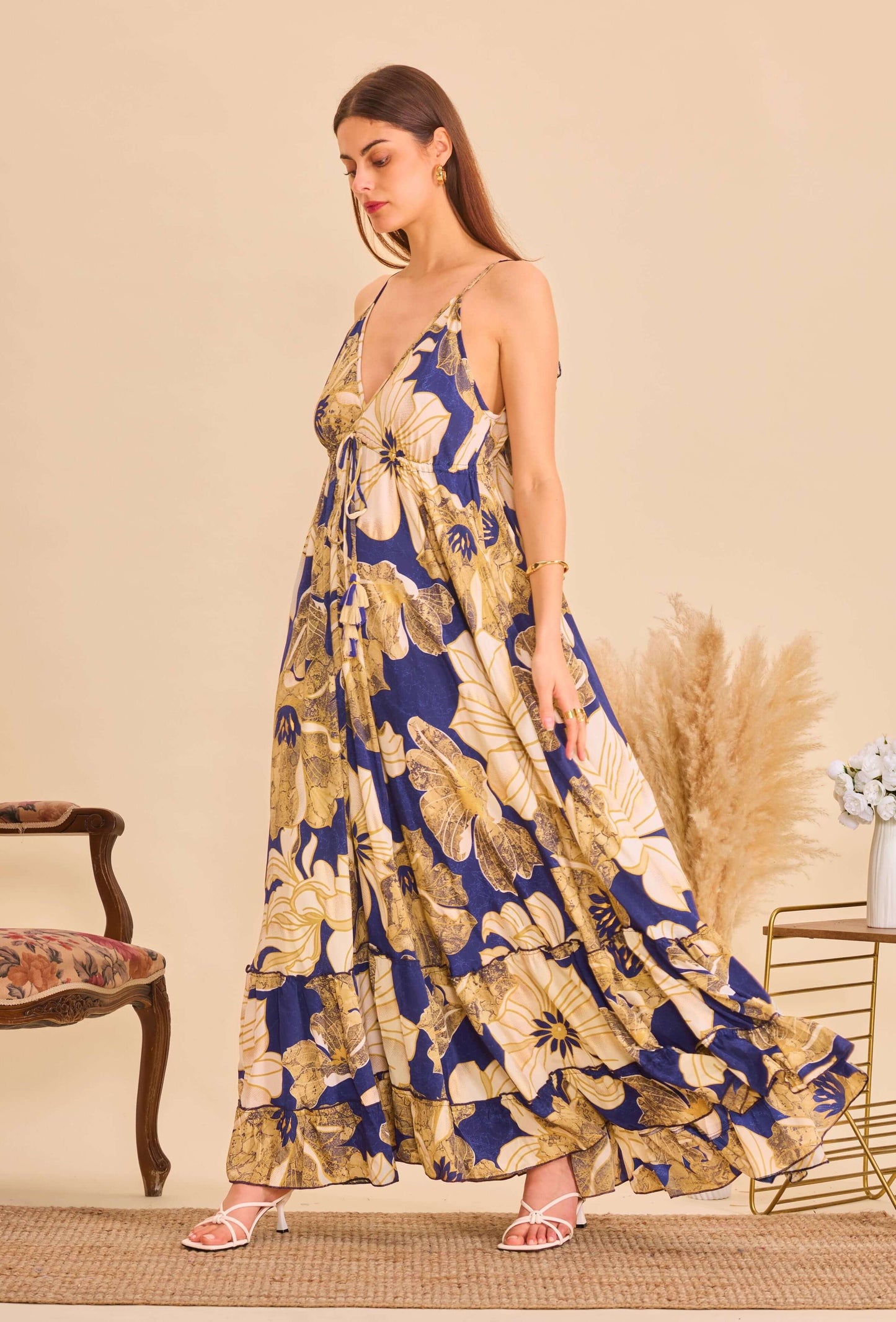 Robe longue bohème en soie bleu marine - Orice Paris