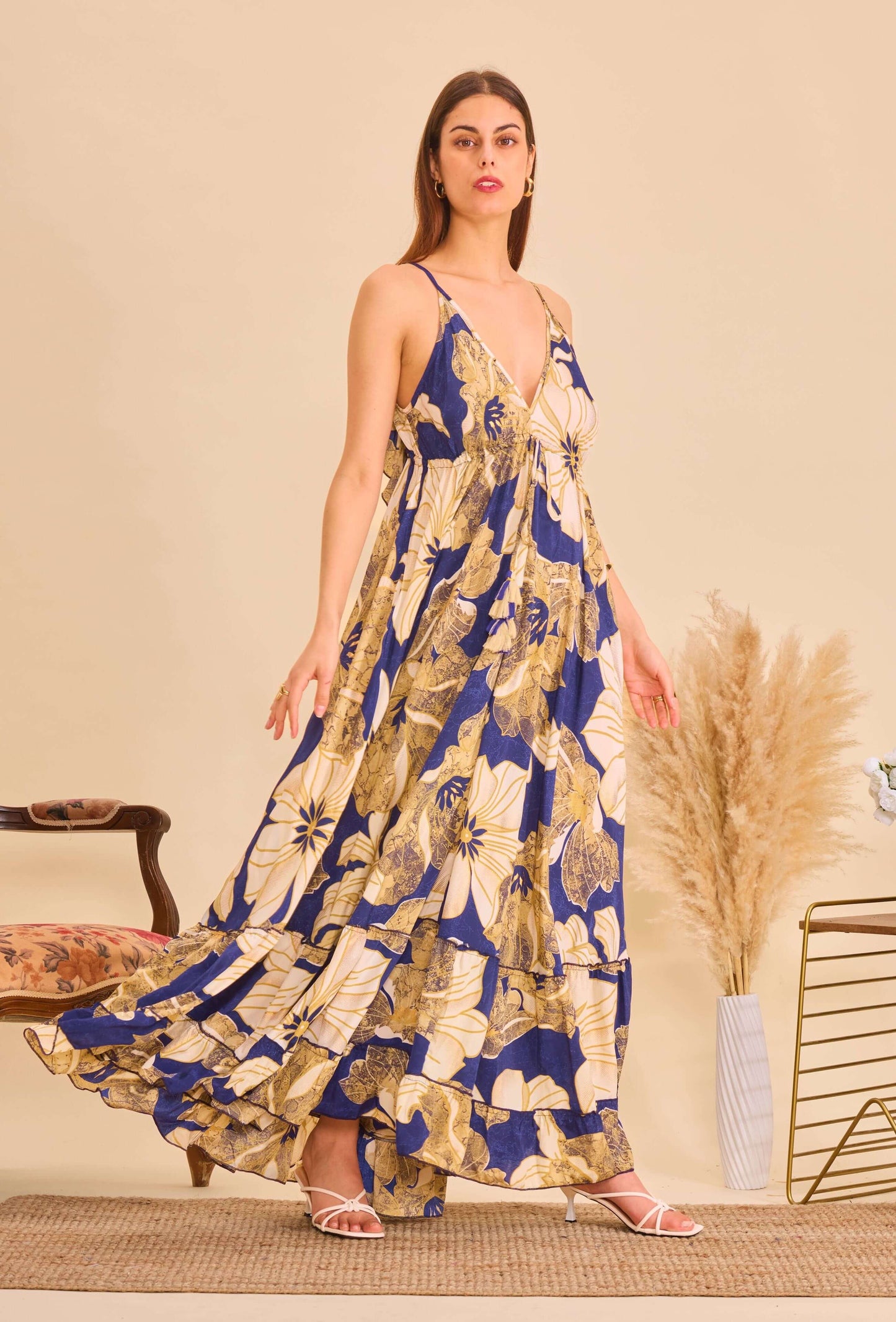 Robe longue bohème en soie bleu marine - Orice Paris