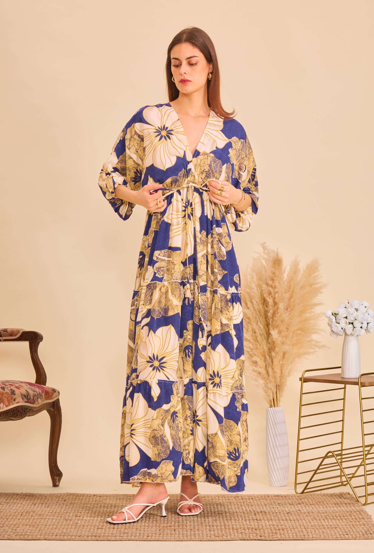 Robe longue en soie à motifs floral noir - Orice Paris