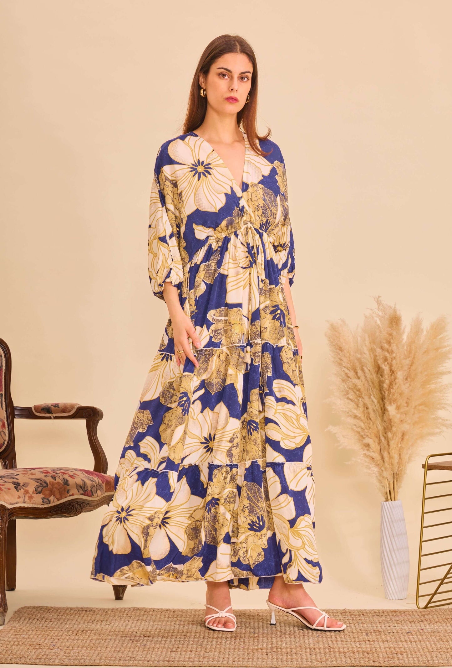Robe longue en soie à motifs floral noir - Orice Paris