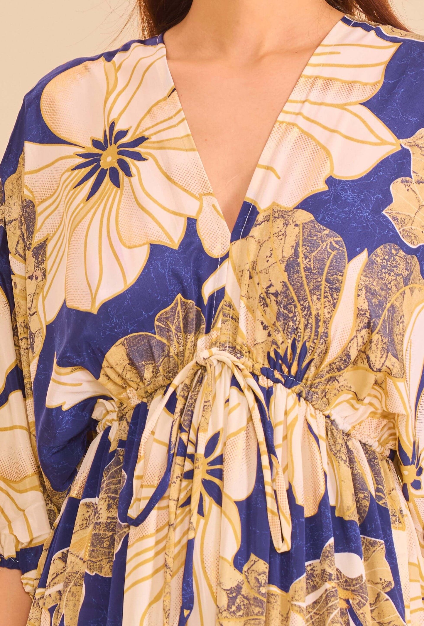 Robe longue en soie à motifs floral bleu- Orice Paris