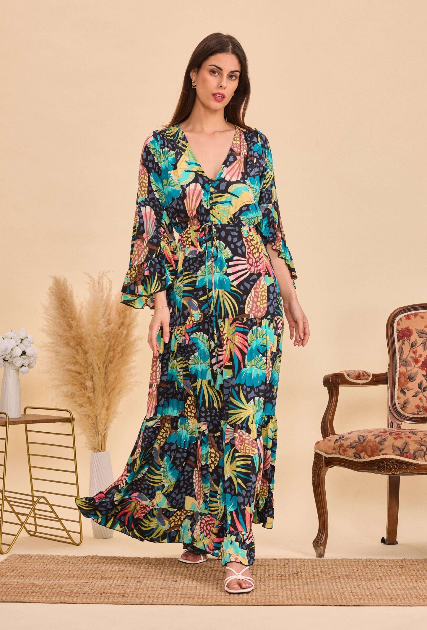 Longue robe en soie print tropical - Orice Paris
