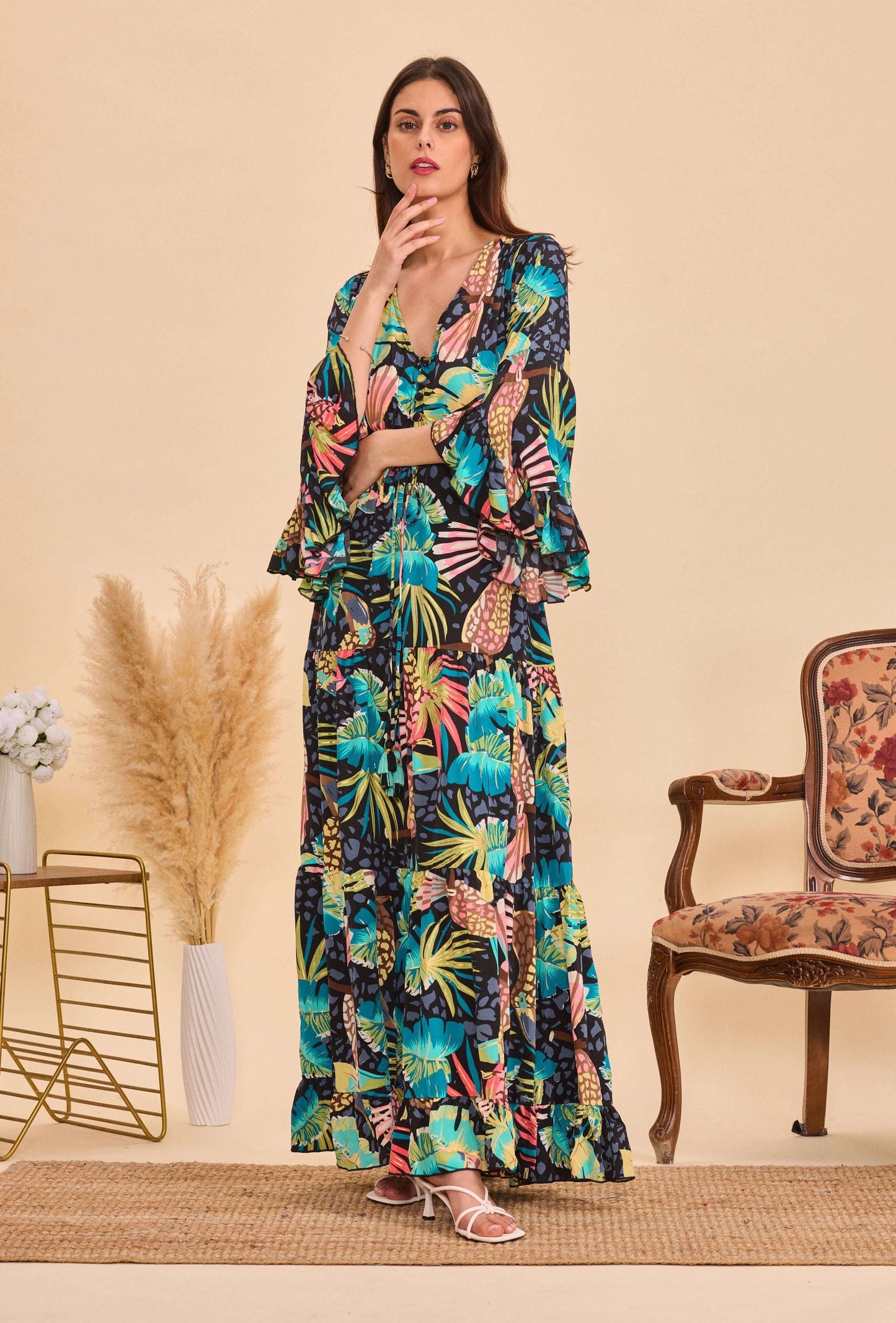 Longue robe en soie print tropical - Orice Paris