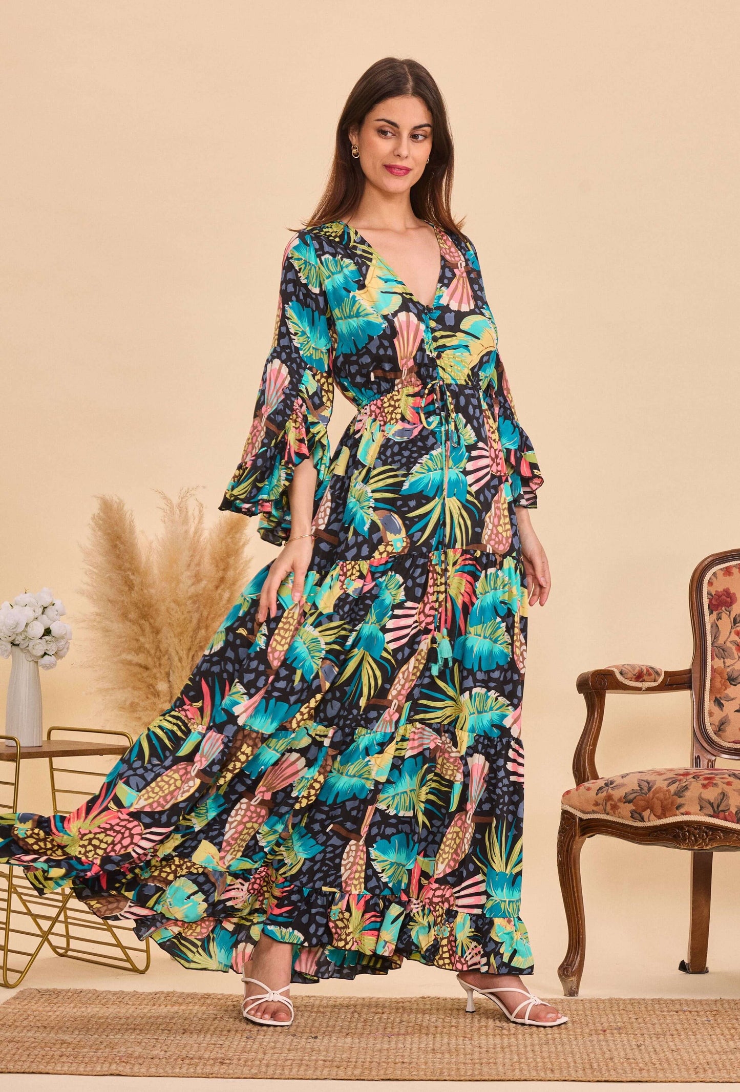 Longue robe en soie print tropical - Orice Paris