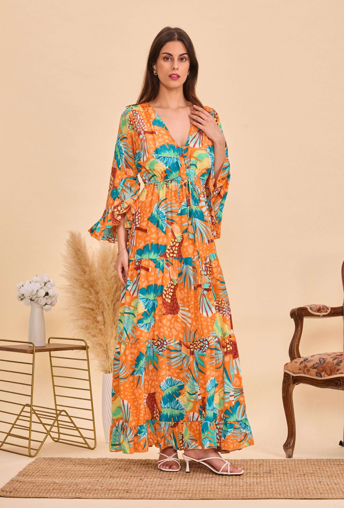 Longue robe en soie print tropical orange- Orice Paris