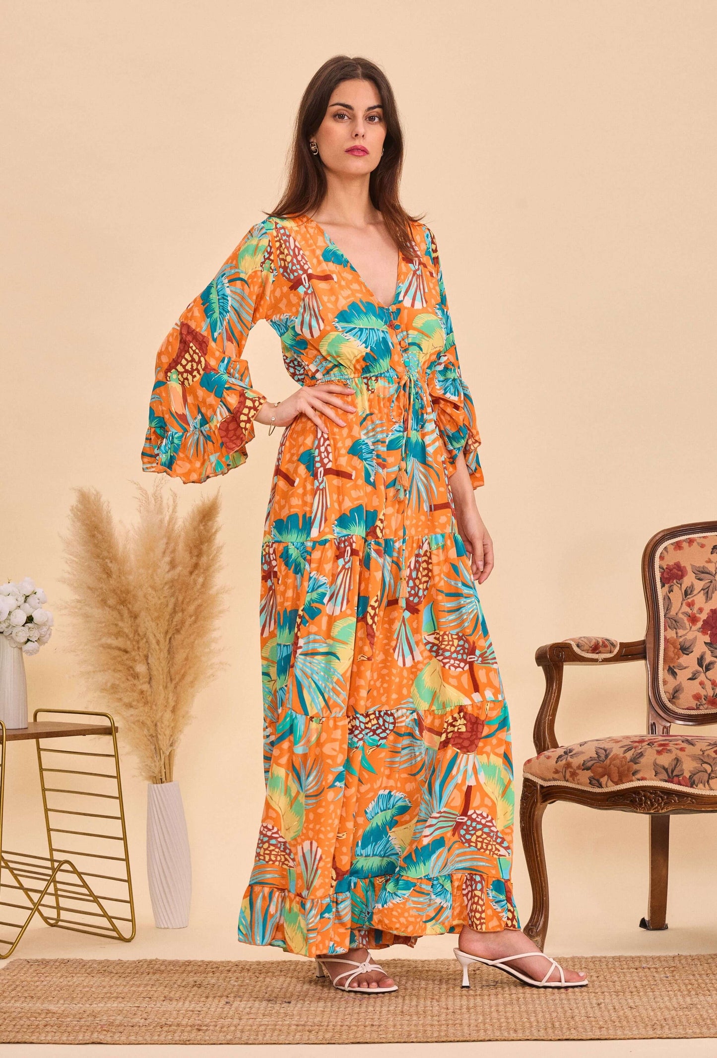 Longue robe en soie print tropical orange- Orice Paris