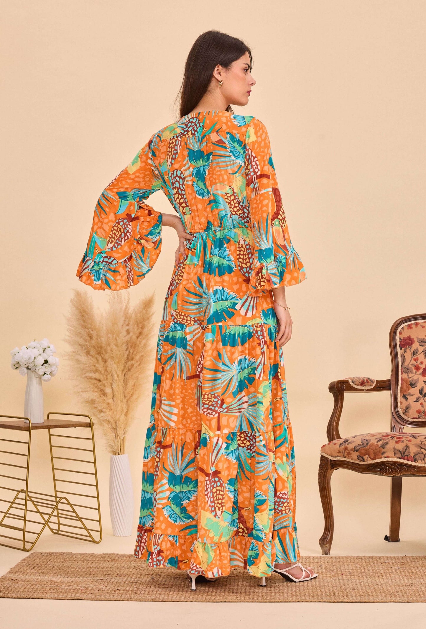 Longue robe en soie print tropical orange- Orice Paris