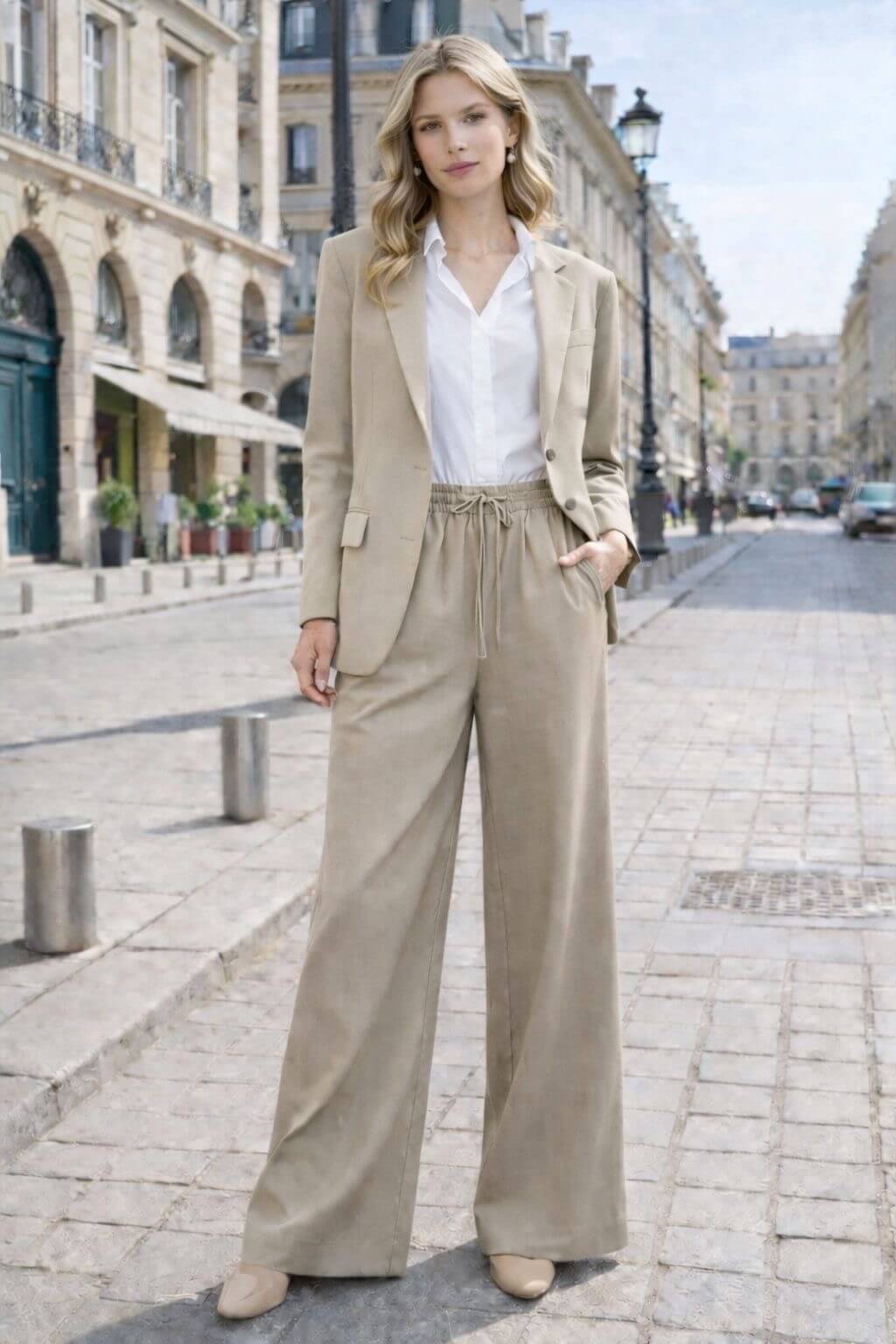 Blazer tailleur beige femme oversize coupe classique - Cécile