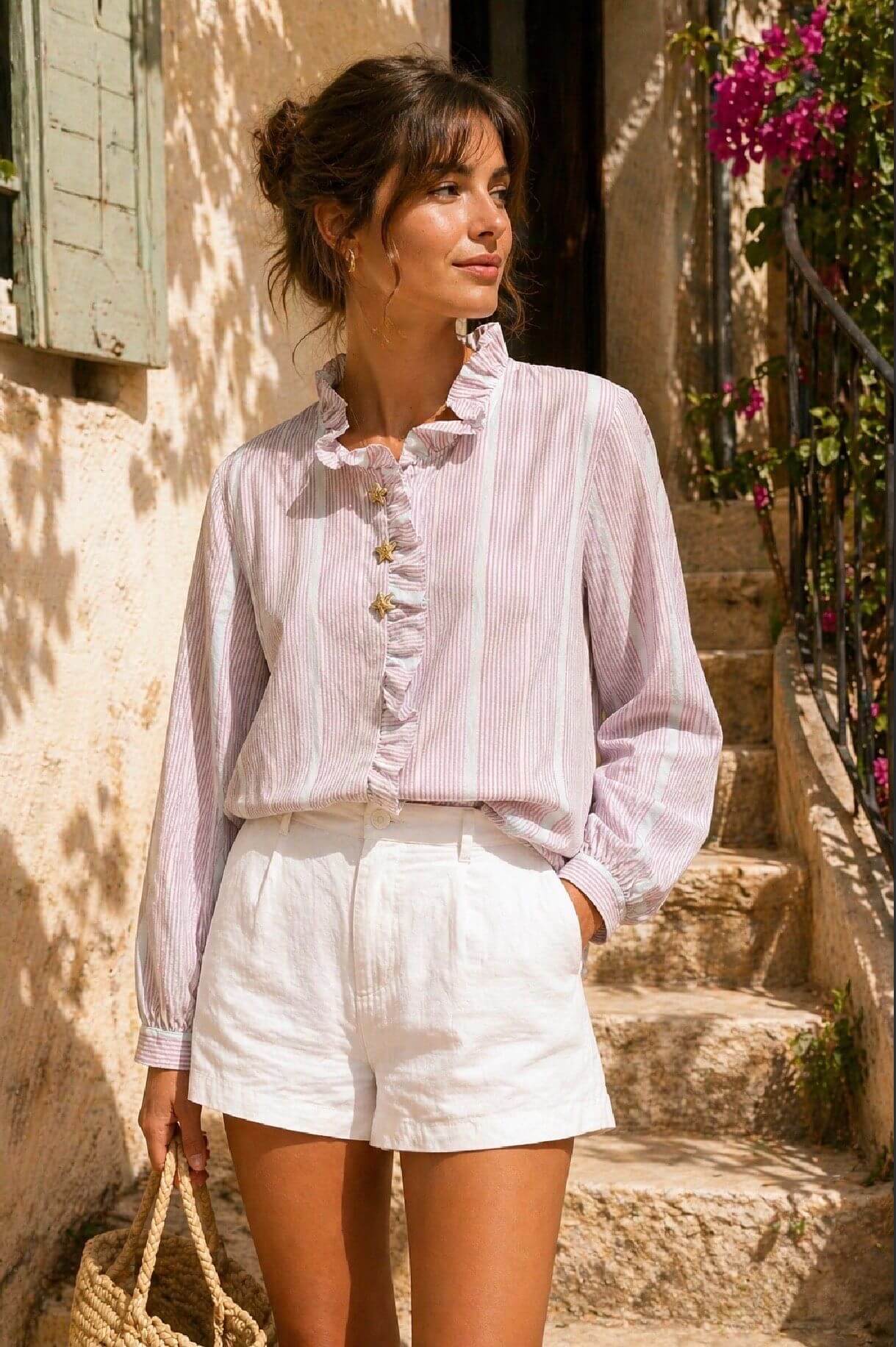 Chemise rayée en coton détails volantés et boutons dorés