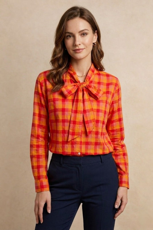Chemise coton femme avec nœud au col à carreaux