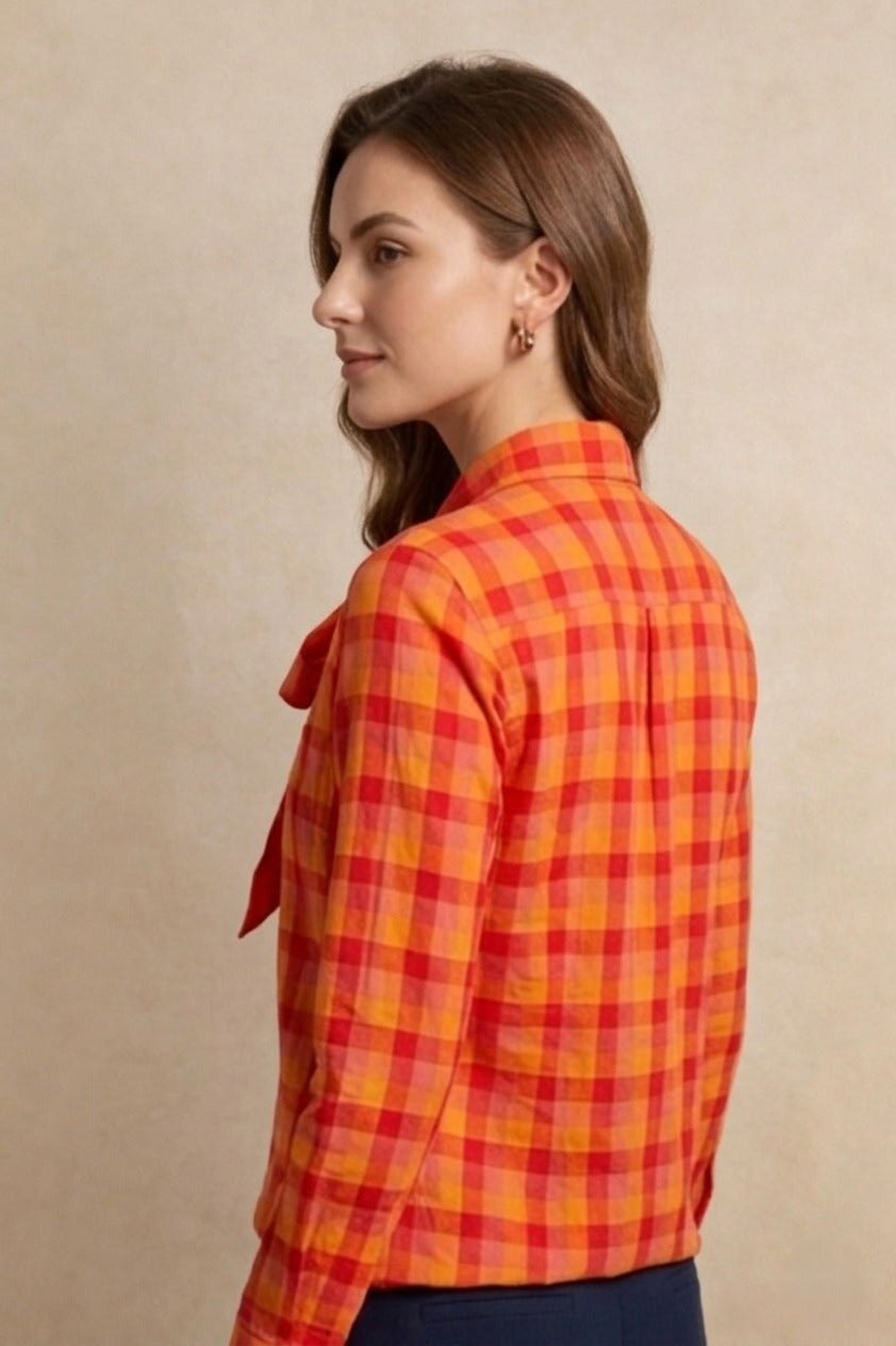 Chemise coton femme avec nœud au col à carreaux