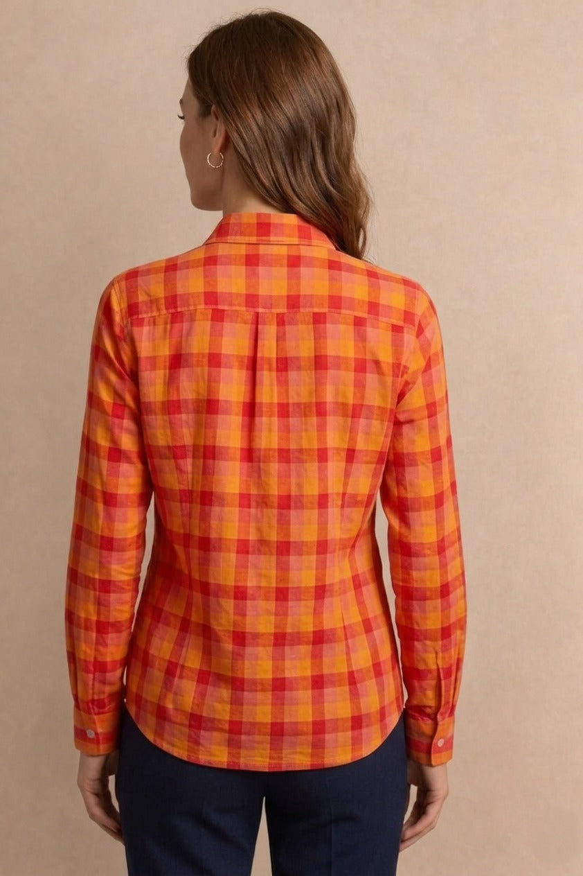 Chemise coton femme avec nœud au col à carreaux