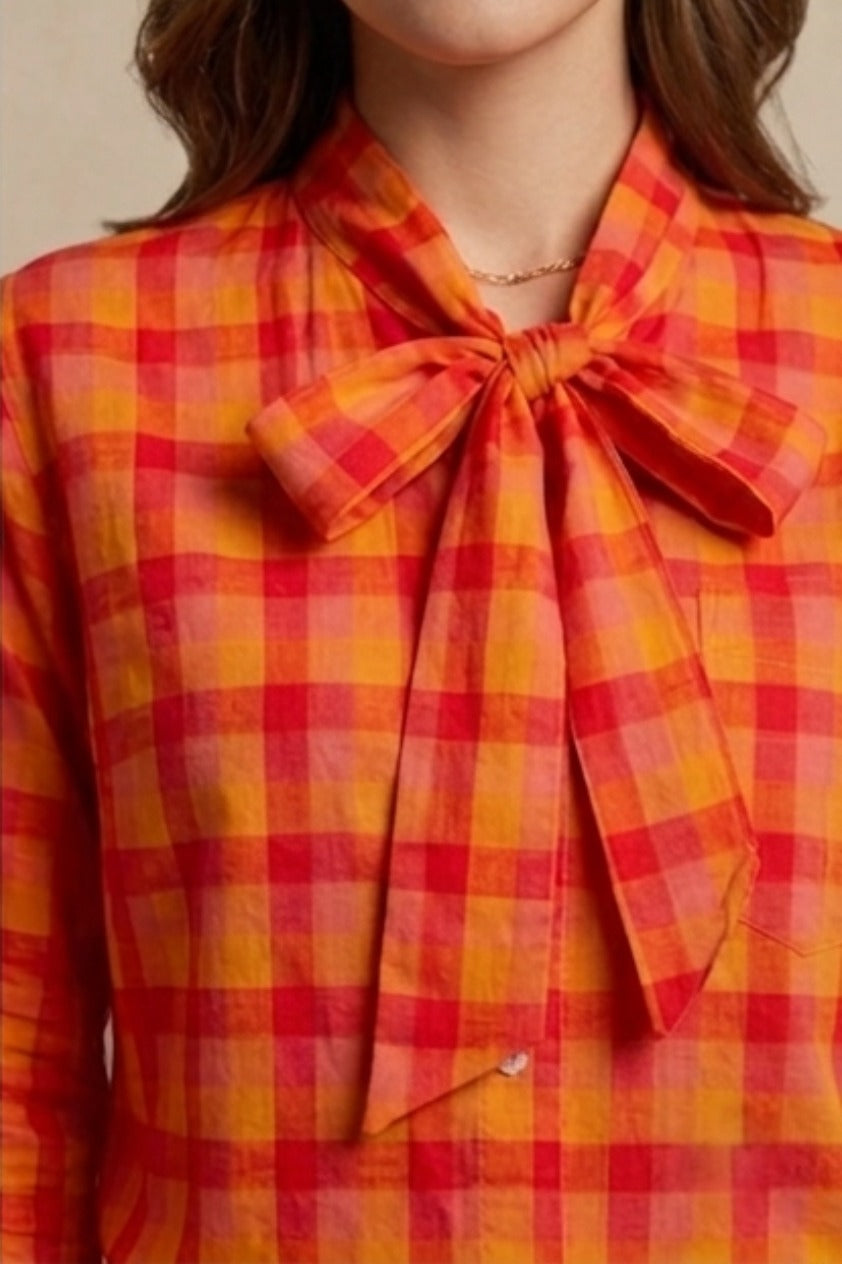 Chemise coton femme avec nœud au col à carreaux