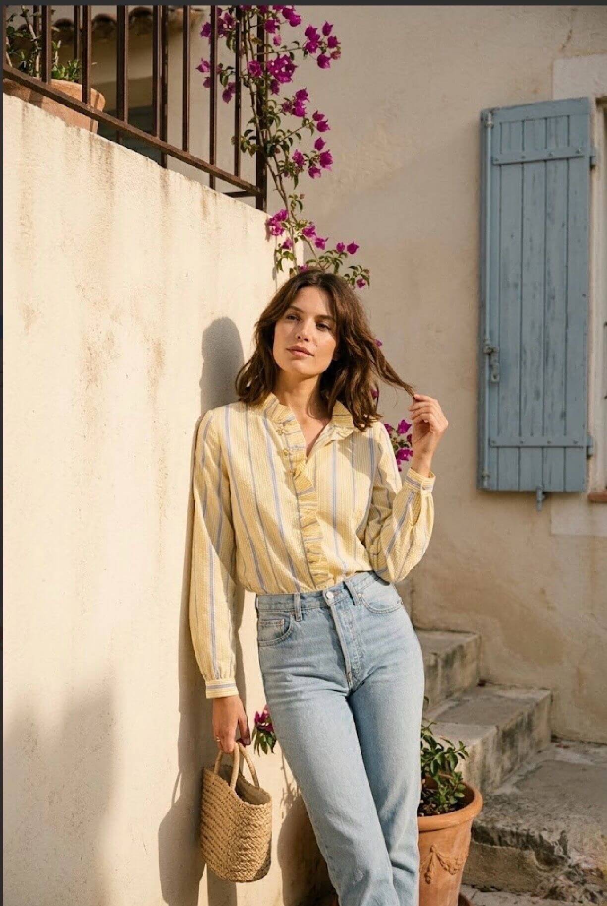 Chemise rayée en coton détails volantés et boutons dorés
