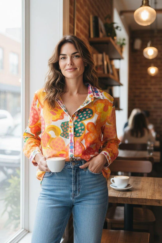 Chemise femme en coton léger à imprimé floral tropical multicolore – coupe ample